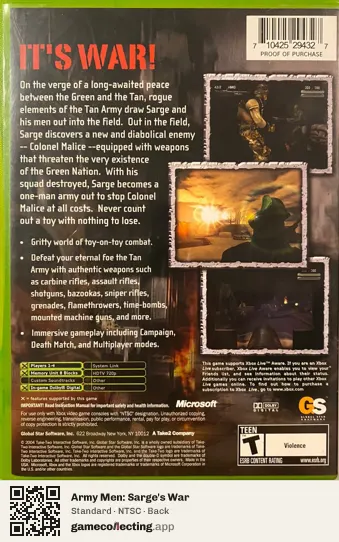 Army Men: Sarge's War Xbox, NTSC box back