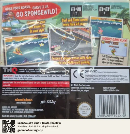 SpongeBob's Surf & Skate Roadtrip Nintendo DS, United Kingdom box back