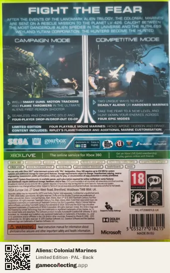Aliens: Colonial Marines Xbox 360, PAL box back