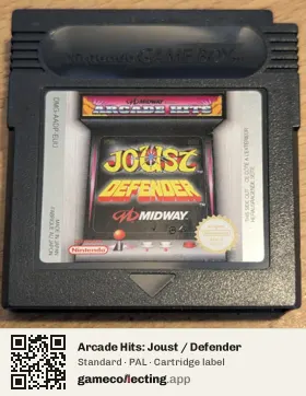 Arcade Hits: Joust / Defender Game Boy Color, PAL cartridge label