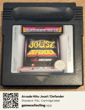 Arcade Hits: Joust / Defender Game Boy Color, PAL cartridge label