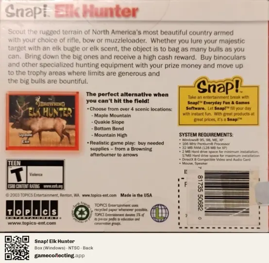 Snap! Elk Hunter Computer, NTSC box back