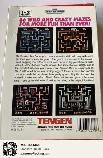 Ms. Pac-Man Sega Mega Drive / Genesis, NTSC box back