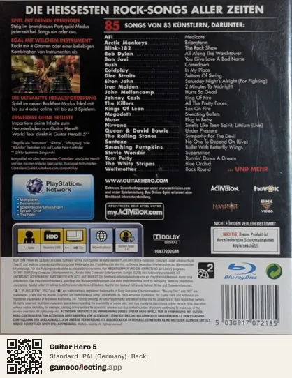 Guitar Hero 5 PlayStation 3, Germany box back