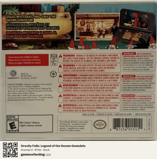 Gravity Falls: Legend of the Gnome Gemulets Nintendo 3DS, NTSC box back