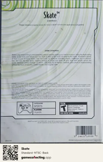 Skate Xbox 360, NTSC box back