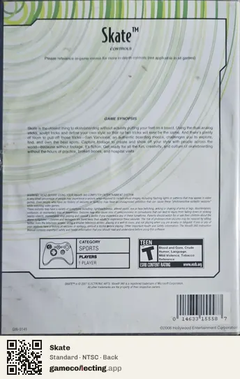 Skate Xbox 360, NTSC box back