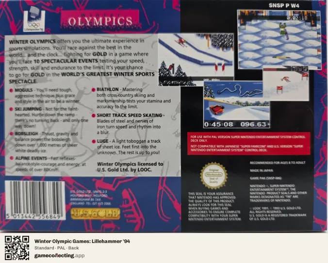 Winter Olympic Games: Lillehammer '94 Super Nintendo Entertainment System, PAL box back