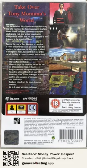 Scarface: Money. Power. Respect. PlayStation Portable, United Kingdom box back