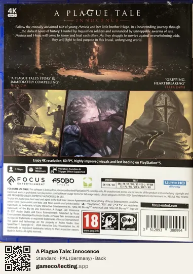 A Plague Tale: Innocence PlayStation 5, Germany box back