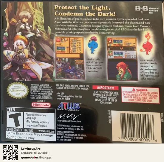 Luminous Arc Nintendo DS, NTSC box back