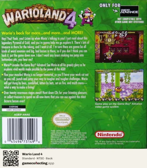 Wario Land 4 Game Boy Advance, NTSC box back