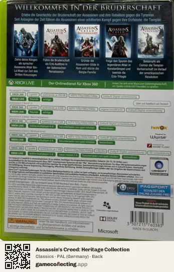 Assassin's Creed: Heritage Collection Xbox 360, Germany box back