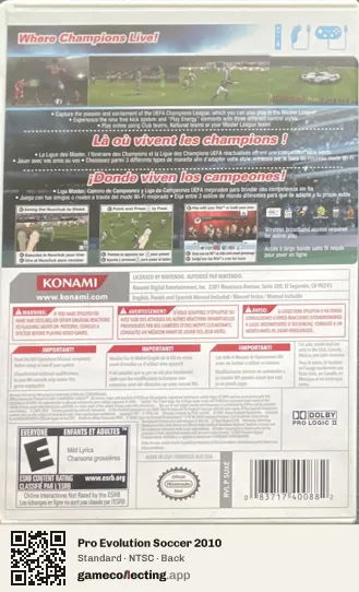 Pro Evolution Soccer 2010 Nintendo Wii, NTSC box back
