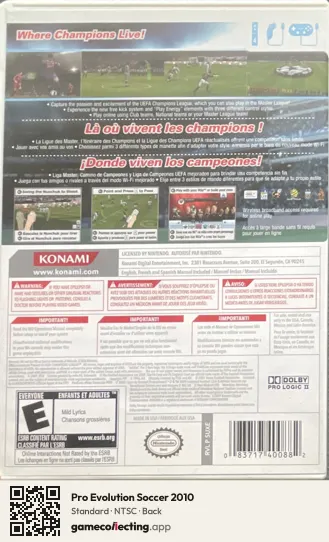 Pro Evolution Soccer 2010 Nintendo Wii, NTSC box back