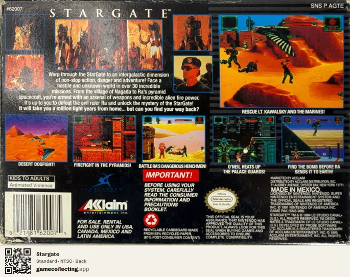 Stargate Super Nintendo Entertainment System, NTSC box back