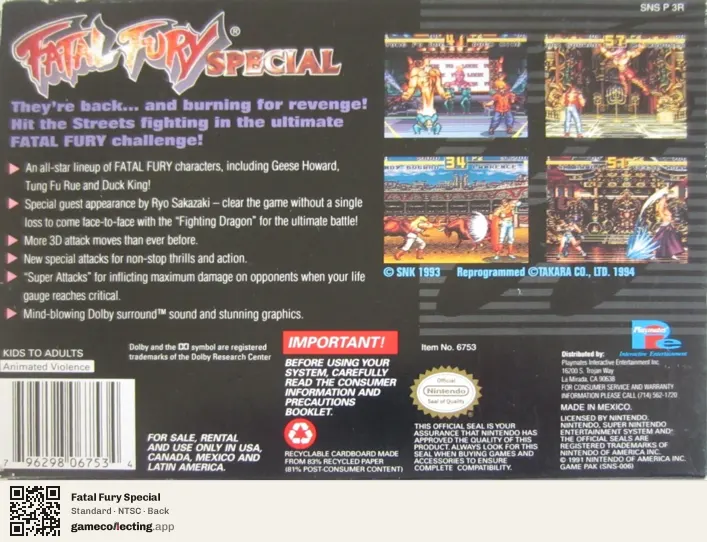 Fatal Fury Special Super Nintendo Entertainment System, NTSC box back