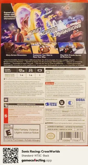 Sonic Racing: CrossWorlds Nintendo Switch 2, NTSC box back