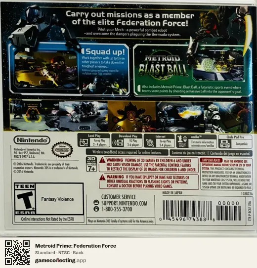 Metroid Prime: Federation Force Nintendo 3DS, NTSC box back