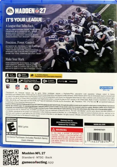 Madden NFL 27 PlayStation 5, NTSC box back