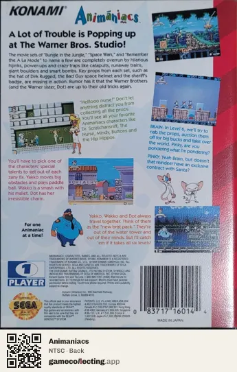 Animaniacs Sega Mega Drive / Genesis, NTSC box back