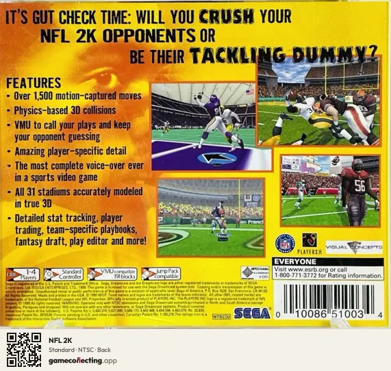 NFL 2K Sega Dreamcast, NTSC box back