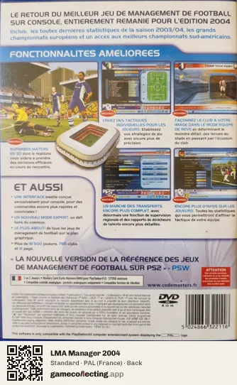 LMA Manager 2004 PlayStation 2, France box back