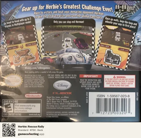 Herbie: Rescue Rally Nintendo DS, NTSC box back