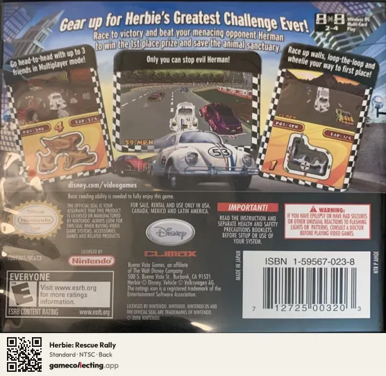Herbie: Rescue Rally Nintendo DS, NTSC box back