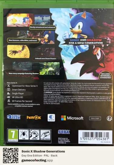 Sonic X Shadow Generations Xbox Series X, PAL box back