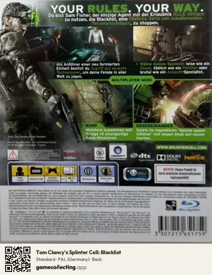 Tom Clancy's Splinter Cell: Blacklist PlayStation 3, Germany box back