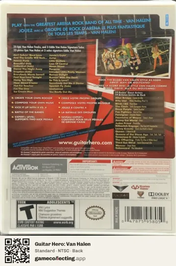 Guitar Hero: Van Halen Nintendo Wii, NTSC box back