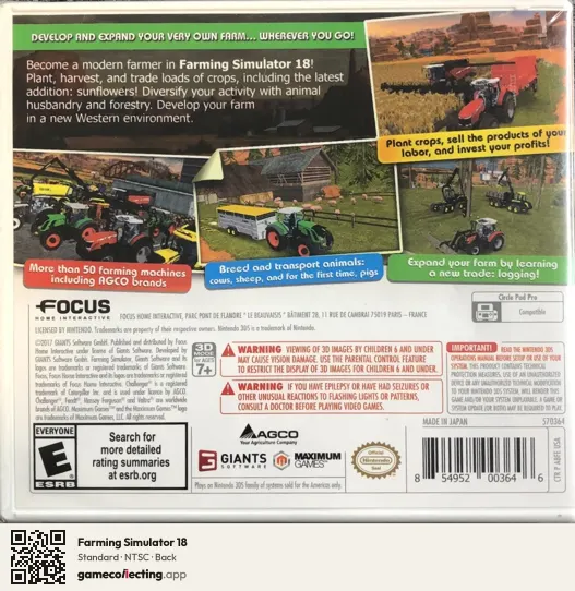 Farming Simulator 18 Nintendo 3DS, NTSC box back