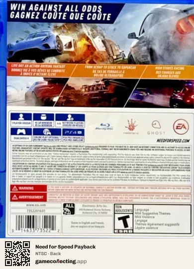 Need for Speed Payback PlayStation 4, NTSC box back