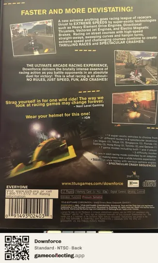 Downforce PlayStation 2, NTSC box back
