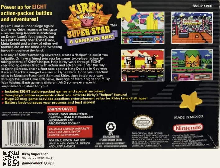 Kirby Super Star Super Nintendo Entertainment System, NTSC box back