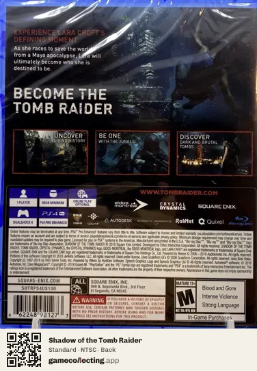 Shadow of the Tomb Raider PlayStation 4, NTSC box back