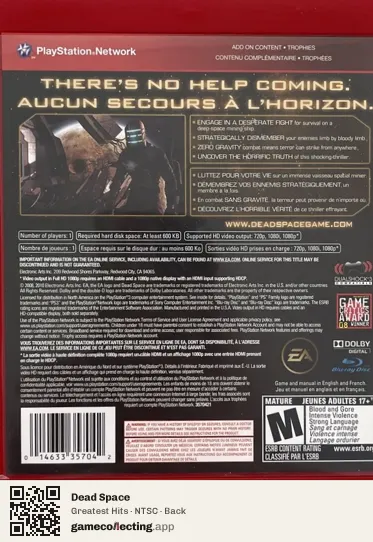 Dead Space PlayStation 3, NTSC box back