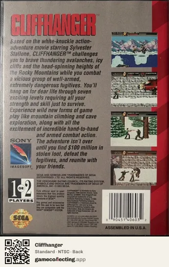 Cliffhanger Sega Mega Drive / Genesis, NTSC box back