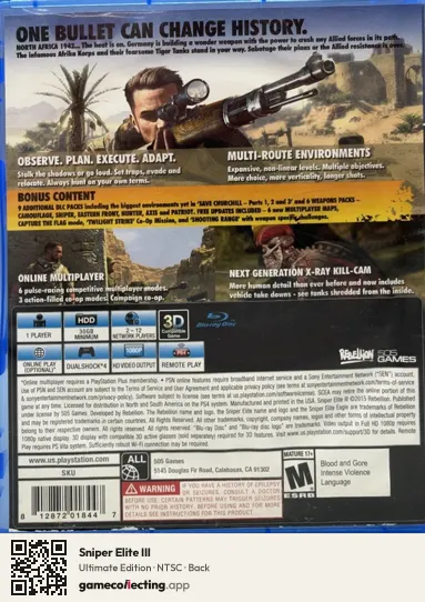 Sniper Elite III PlayStation 4, NTSC box back