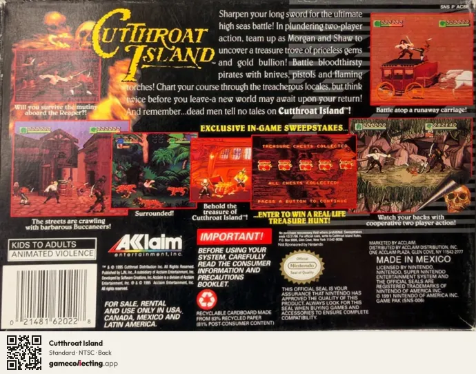 Cutthroat Island Super Nintendo Entertainment System, NTSC box back