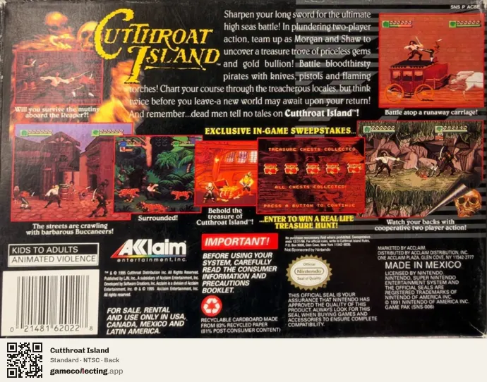 Cutthroat Island Super Nintendo Entertainment System, NTSC box back