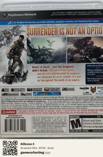 Killzone 3 PlayStation 3, NTSC box back