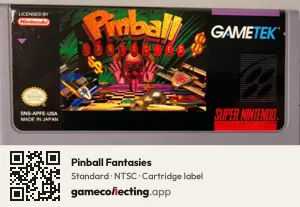 Pinball Fantasies Super Nintendo Entertainment System, NTSC cartridge label