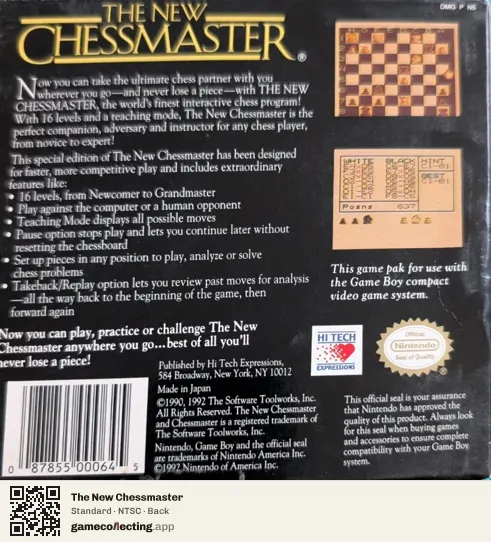 The New Chessmaster Game Boy, NTSC box back