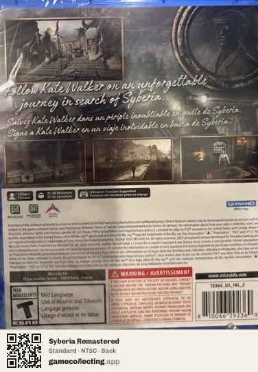 Syberia Remastered PlayStation 5, NTSC box back