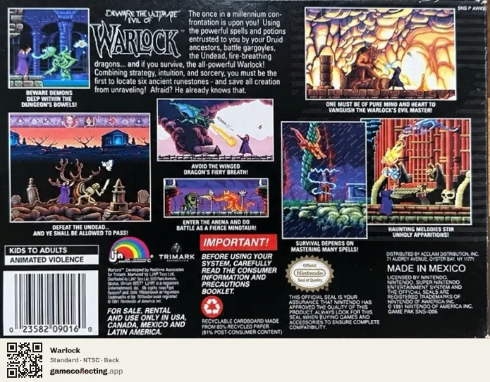 Warlock Super Nintendo Entertainment System, NTSC box back