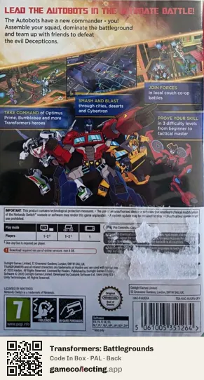 Transformers: Battlegrounds Nintendo Switch, PAL box back
