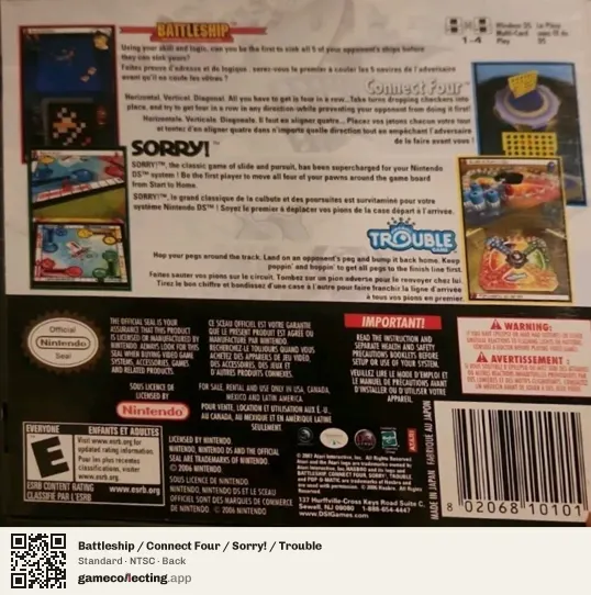 Battleship / Connect Four / Sorry! / Trouble Nintendo DS, NTSC box back