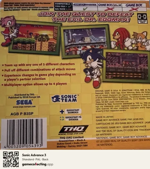 Sonic Advance 3 Game Boy Advance, PAL box back